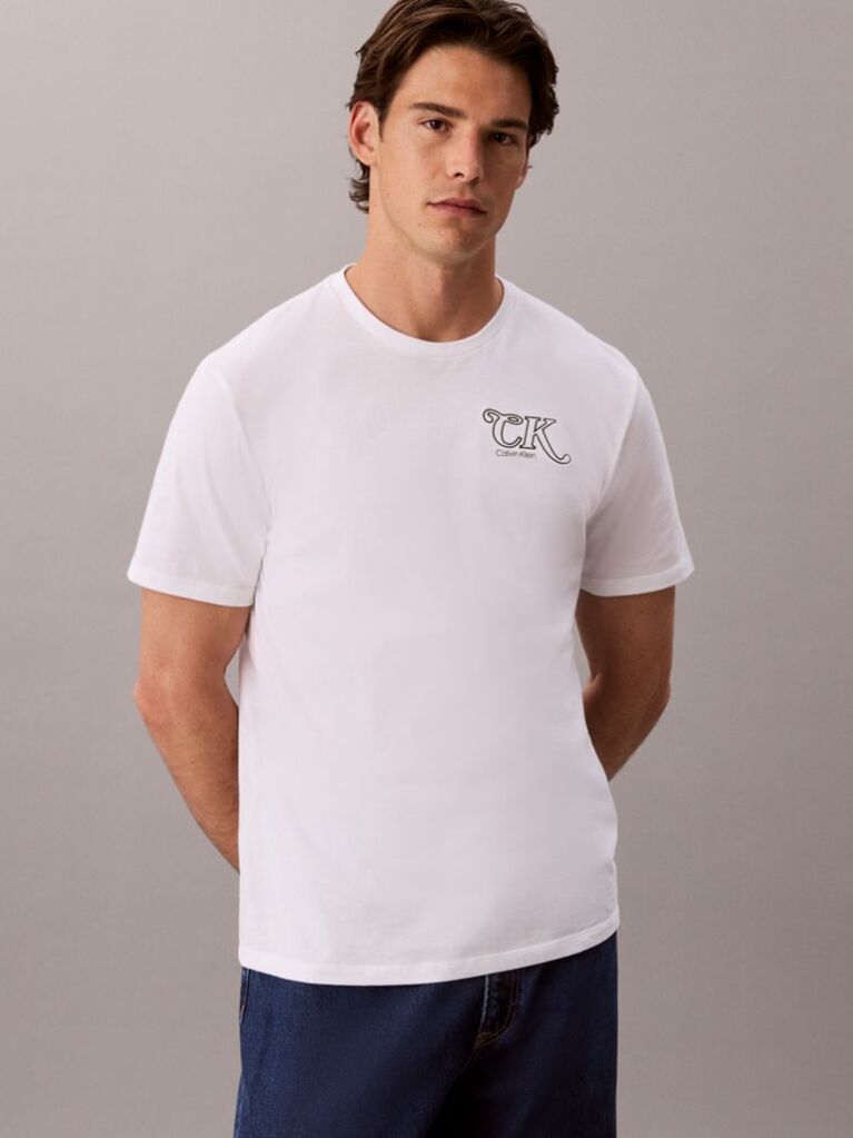White Script Logo Embroidery T-Shirt  Men