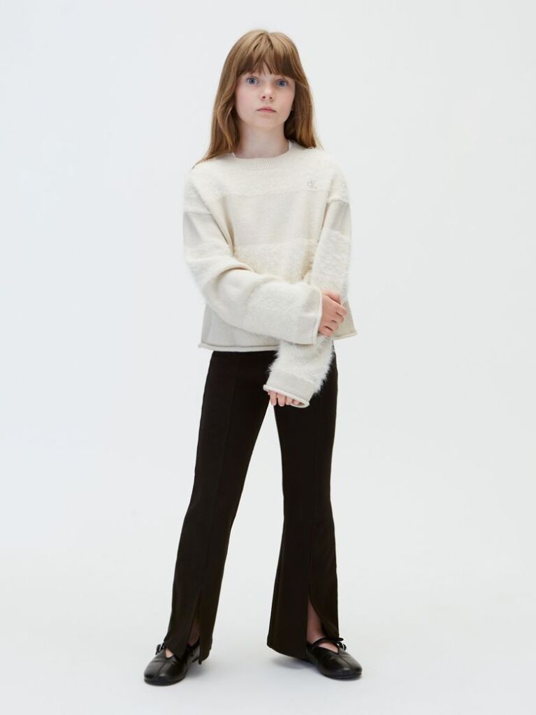 Black Rib-Knit Split Hem Flared Trousers  Girls