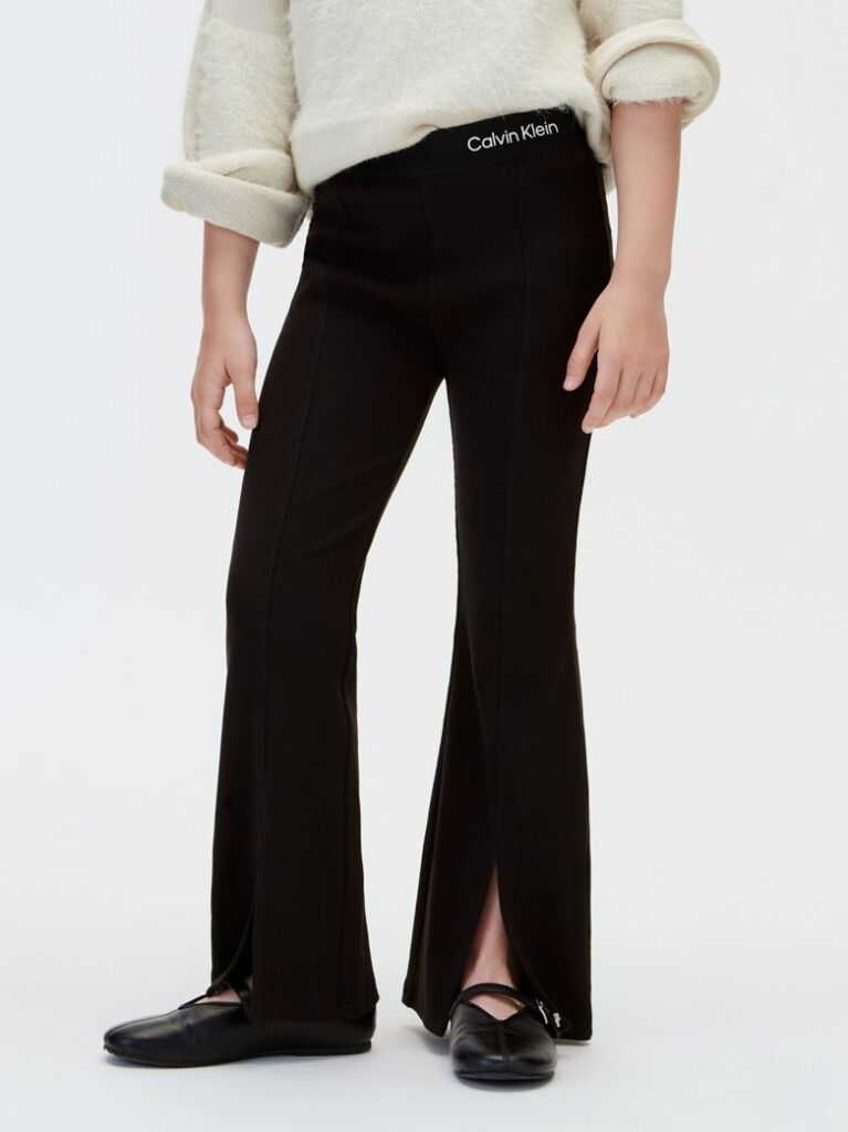 Black Rib-Knit Split Hem Flared Trousers  Girls