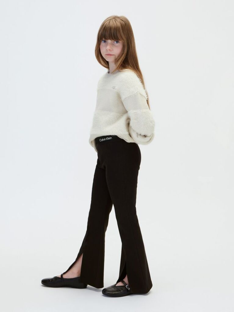 Black Rib-Knit Split Hem Flared Trousers  Girls