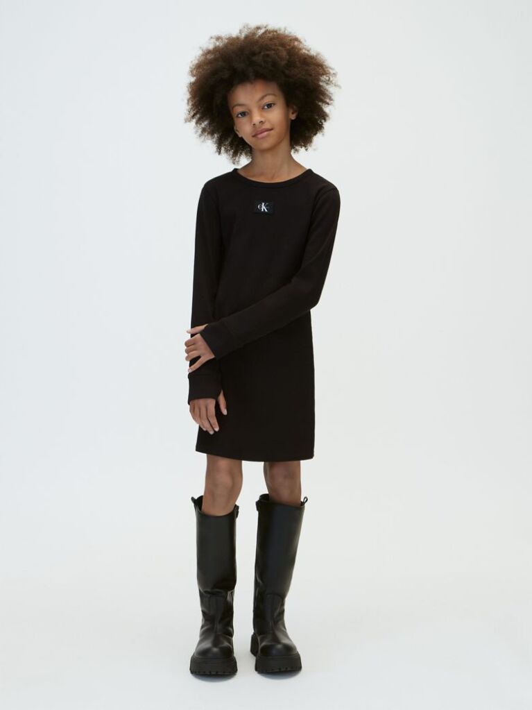 Black Rib-Knit Slim Long Sleeve Dress  Girls