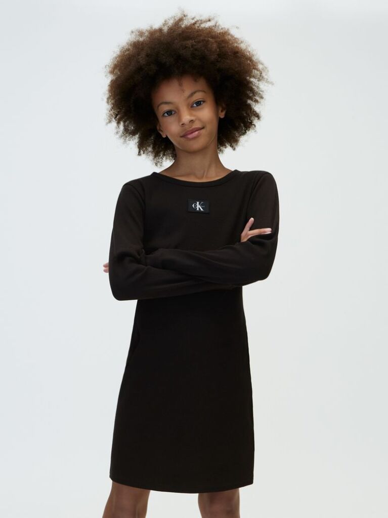 Black Rib-Knit Slim Long Sleeve Dress  Girls