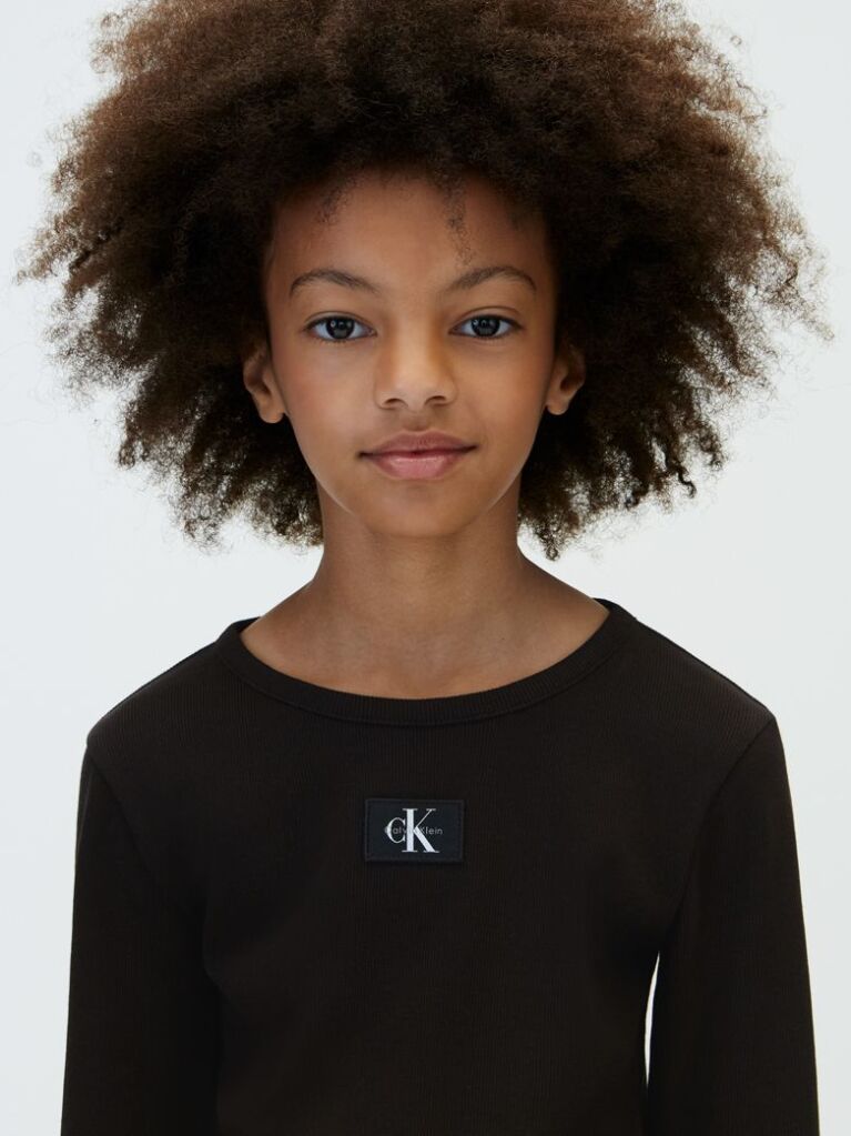 Black Rib-Knit Slim Long Sleeve Dress  Girls