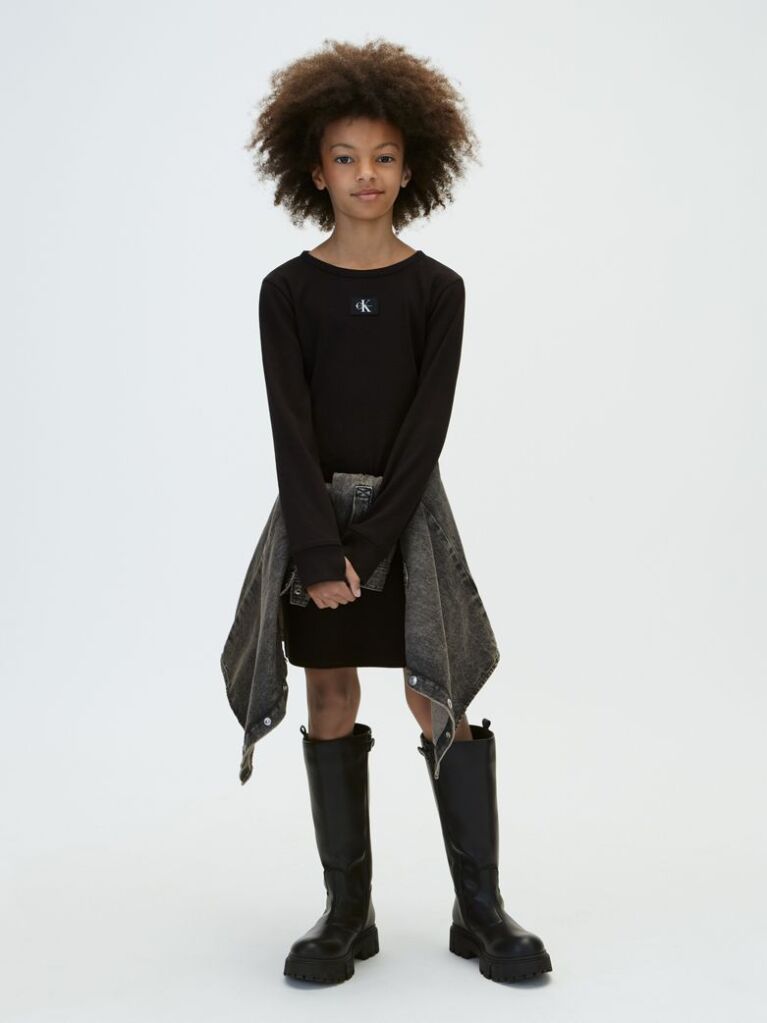 Black Rib-Knit Slim Long Sleeve Dress  Girls