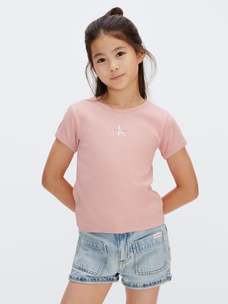 Pink Ribbed Logo Baby Tee  Girls