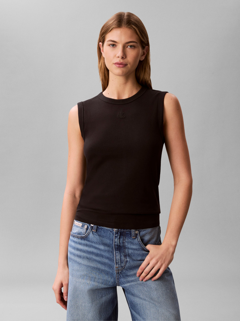 Black Logo Patch Ribbed Tank Top  Women