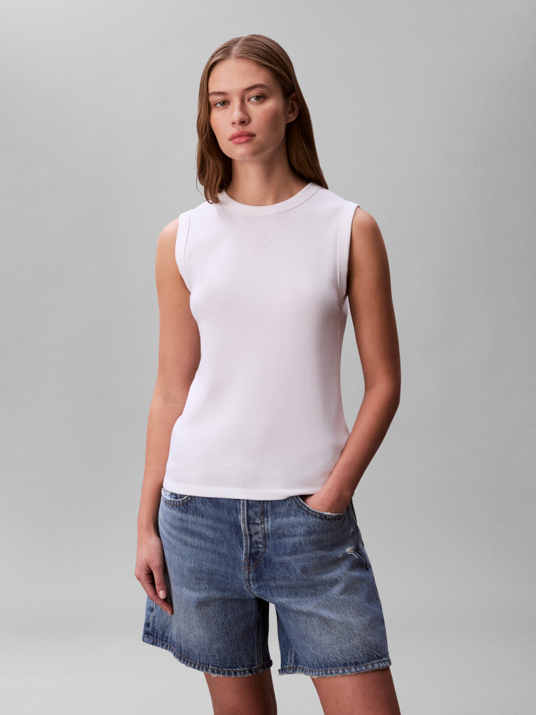 White Logo Patch Ribbed Tank Top  Women