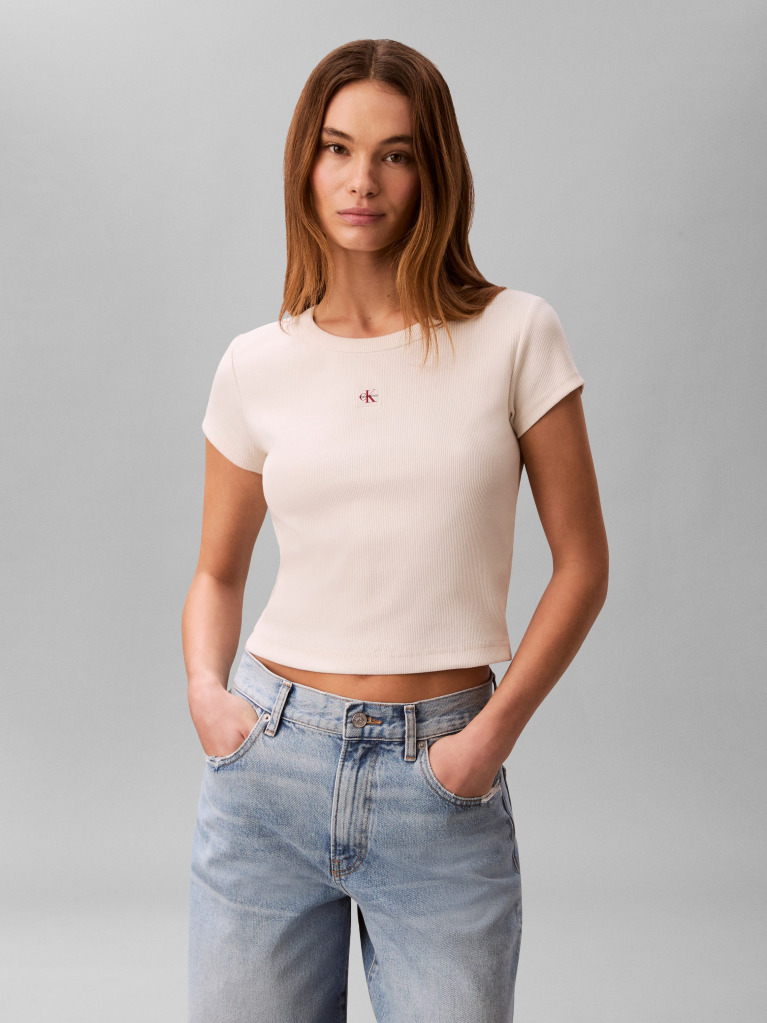 White Slim Ribbed Cotton Badge T-shirt  Women