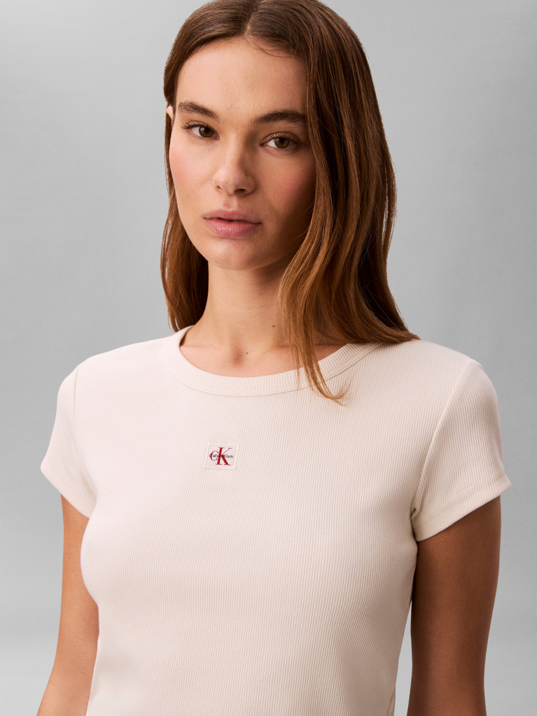 White Slim Ribbed Cotton Badge T-shirt  Women