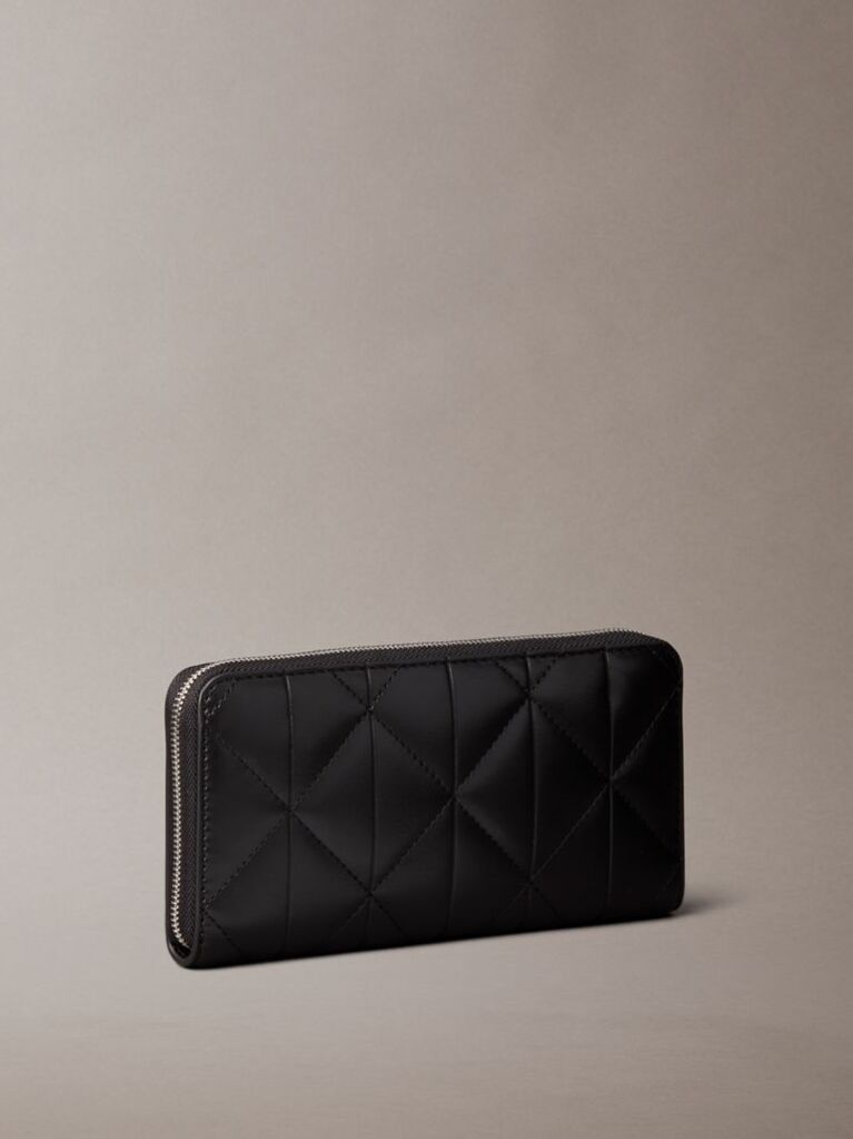 Black Emblem Plaque Quilted Zip Around Wallet  Women