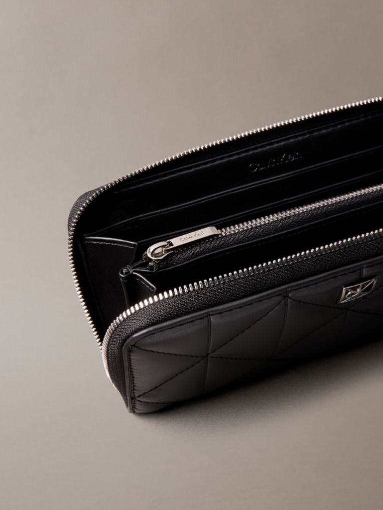 Black Emblem Plaque Quilted Zip Around Wallet  Women