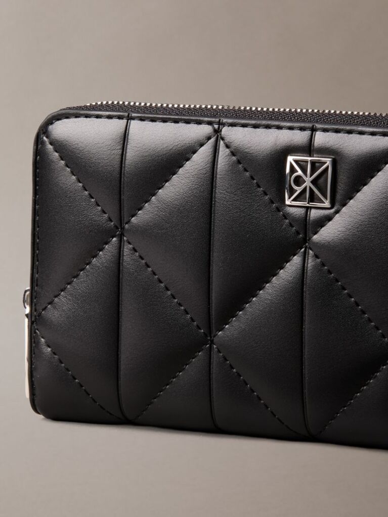 Black Emblem Plaque Quilted Zip Around Wallet  Women