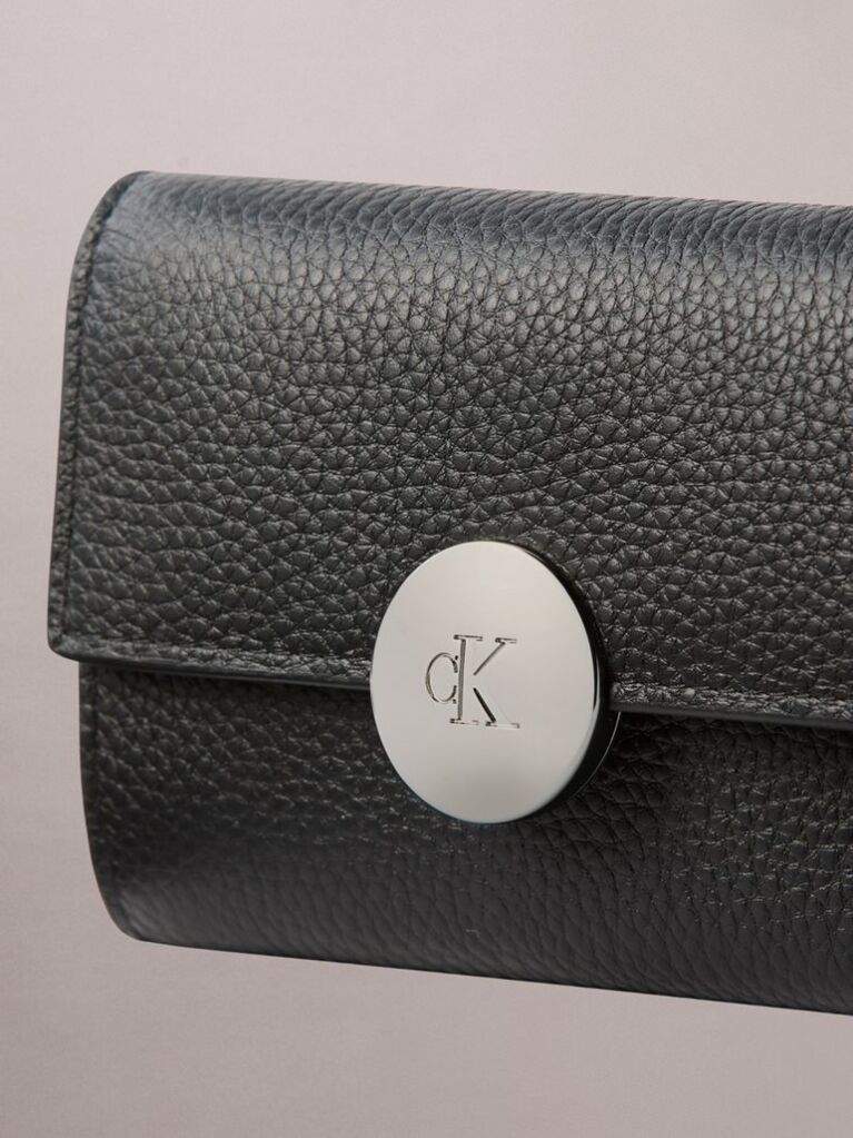 Black Monogram Plaque Leather Trifold Wallet  Women