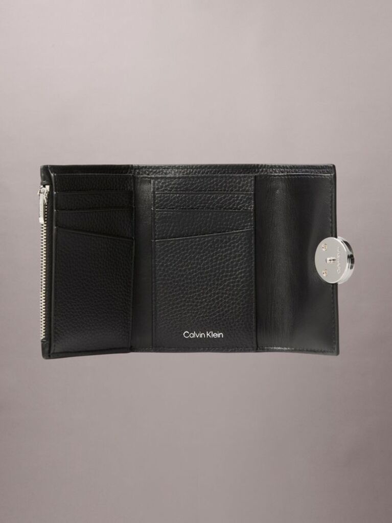Black Monogram Plaque Leather Trifold Wallet  Women