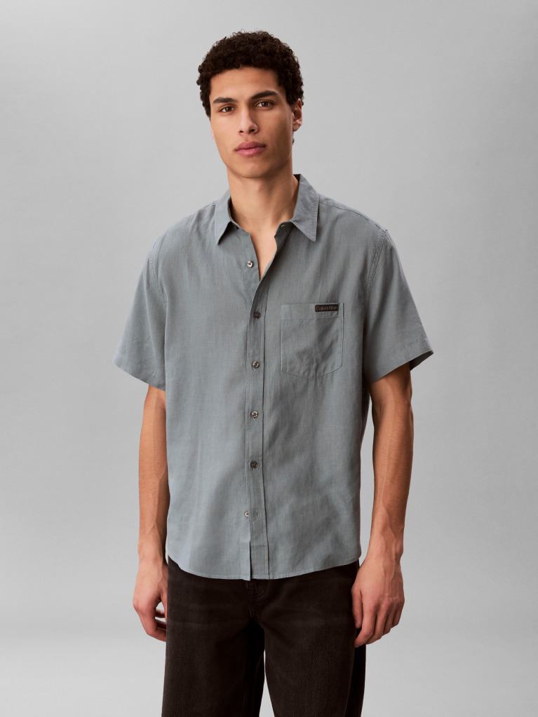Grey Short Sleeve Solid Causal Linen Classic Shirt  Men