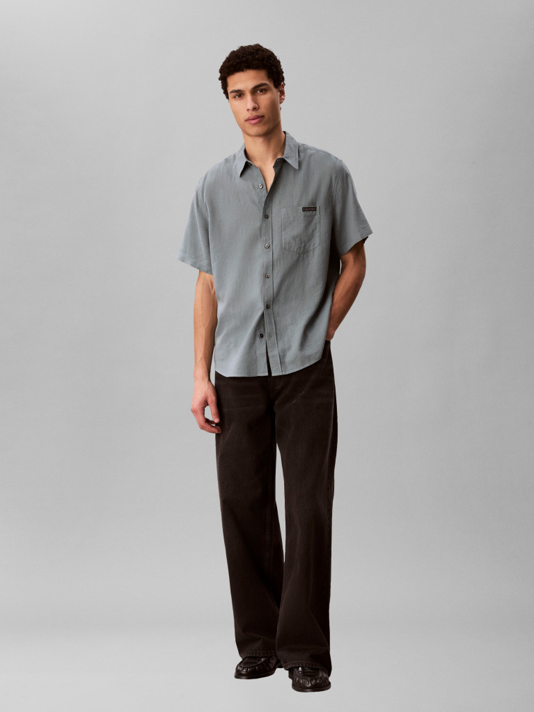Grey Short Sleeve Solid Causal Linen Classic Shirt  Men