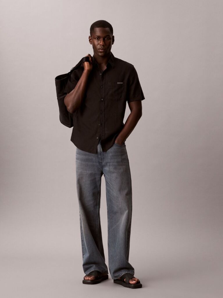 Black Short Sleeve Solid Causal Linen Classic Shirt  Men