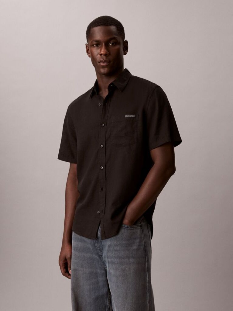 Black Short Sleeve Solid Causal Linen Classic Shirt  Men