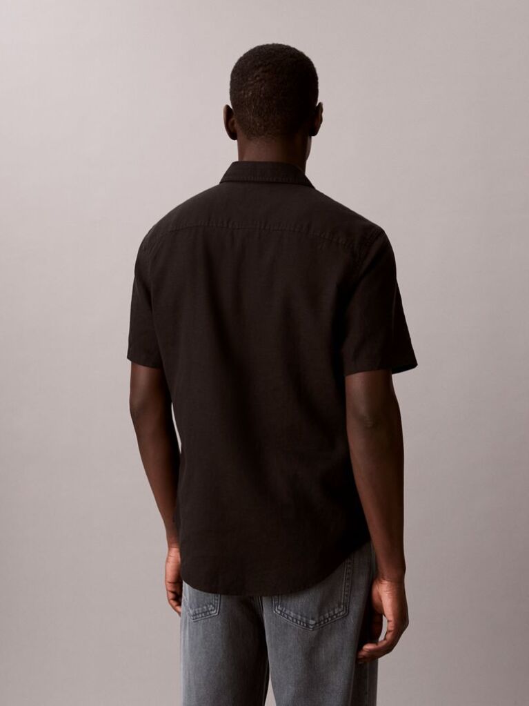 Black Short Sleeve Solid Causal Linen Classic Shirt  Men