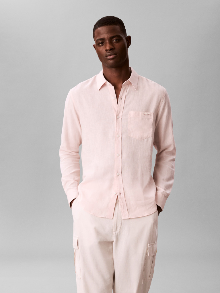 Orange Long Sleeve Solid Casual Linen Classic Shirt  Men