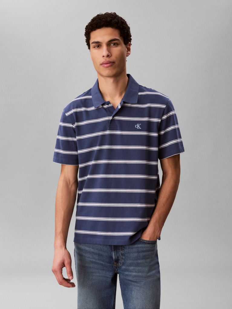 Blue Short Sleeve Jersey Stripe Polo Shirt  Men