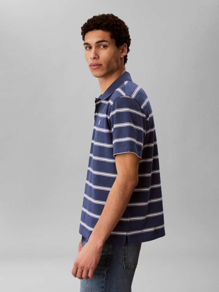 Blue Short Sleeve Jersey Stripe Polo Shirt  Men