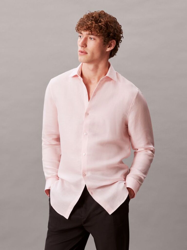 Pink Slim Linen Blend Shirt  Men