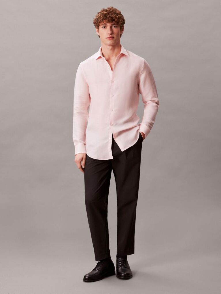 Pink Slim Linen Blend Shirt  Men