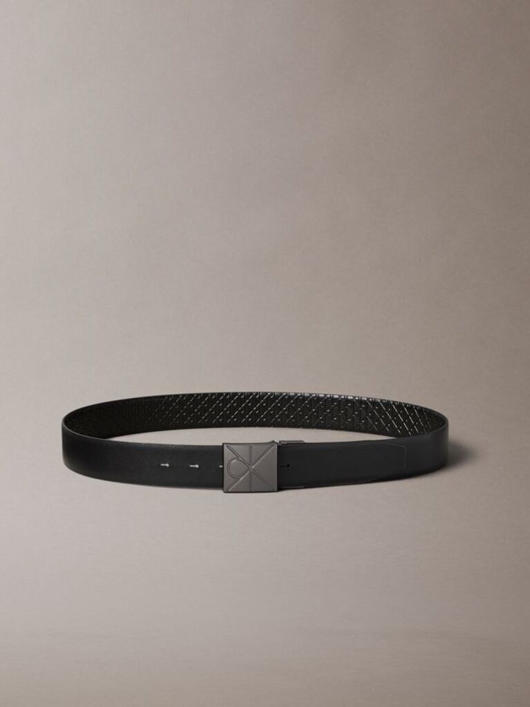 Black Embossed Emblem Pin Buckle Leather Belt  Men