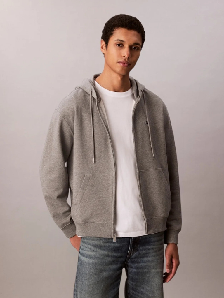 Grey Long Sleeve Monogram Front Zip Hoodie  Men