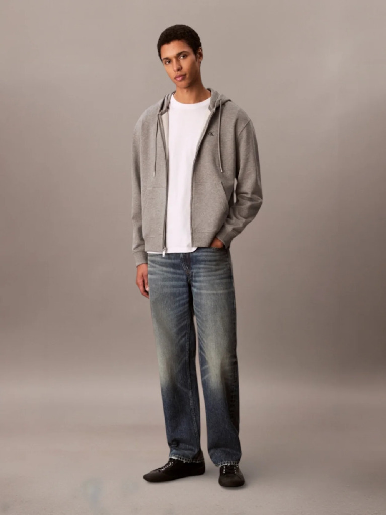Grey Long Sleeve Monogram Front Zip Hoodie  Men