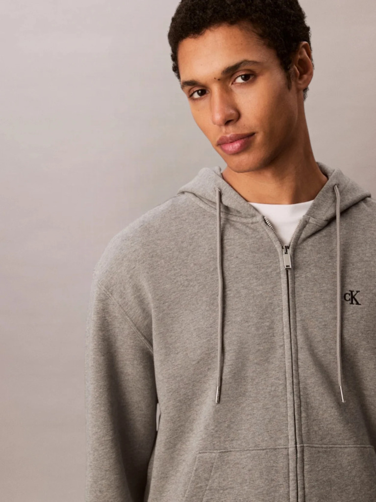 Grey Long Sleeve Monogram Front Zip Hoodie  Men