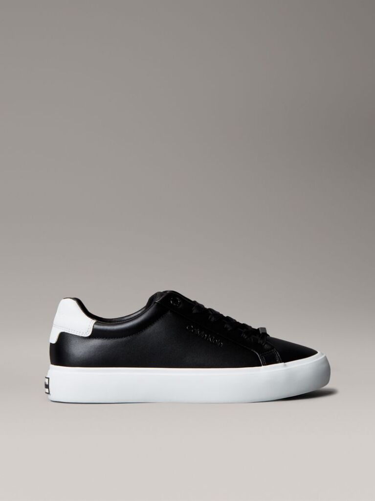 Black Smooth Leather Embossed Logo Trainers  Women