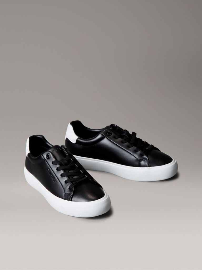 Black Smooth Leather Embossed Logo Trainers  Women