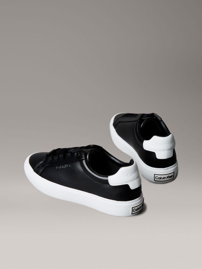 Black Smooth Leather Embossed Logo Trainers  Women