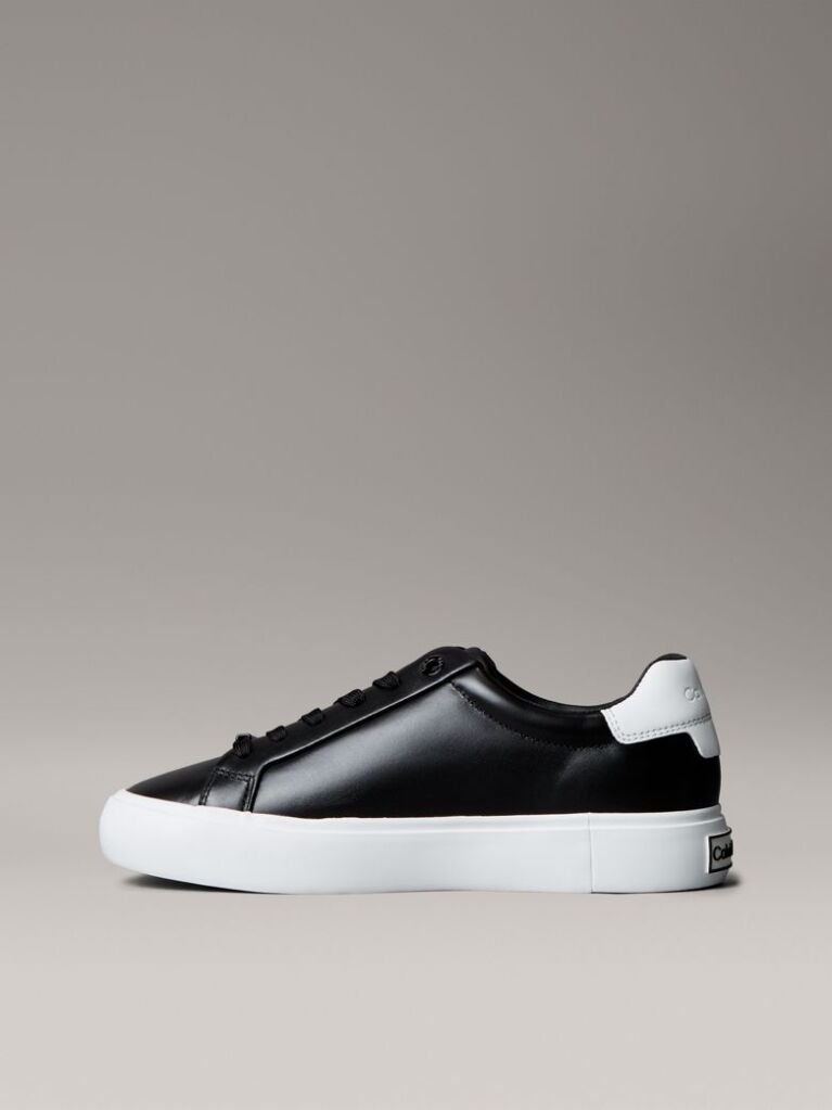 Black Smooth Leather Embossed Logo Trainers  Women