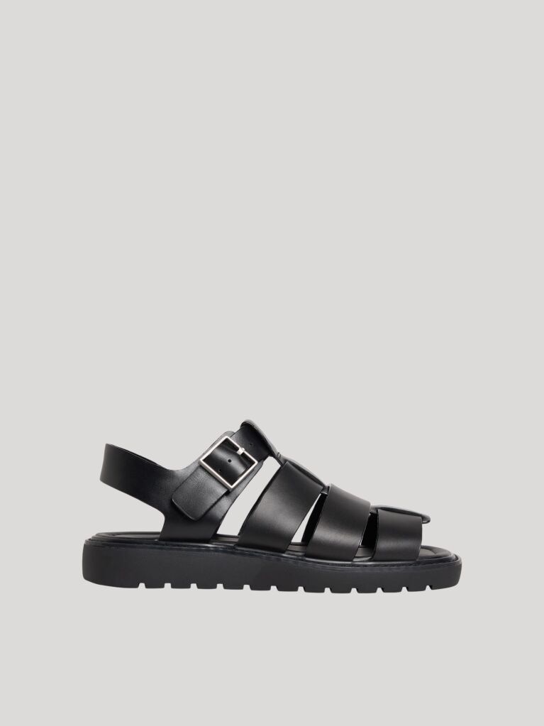 Black Square Toe Fisherman Sandals With Leather  Women