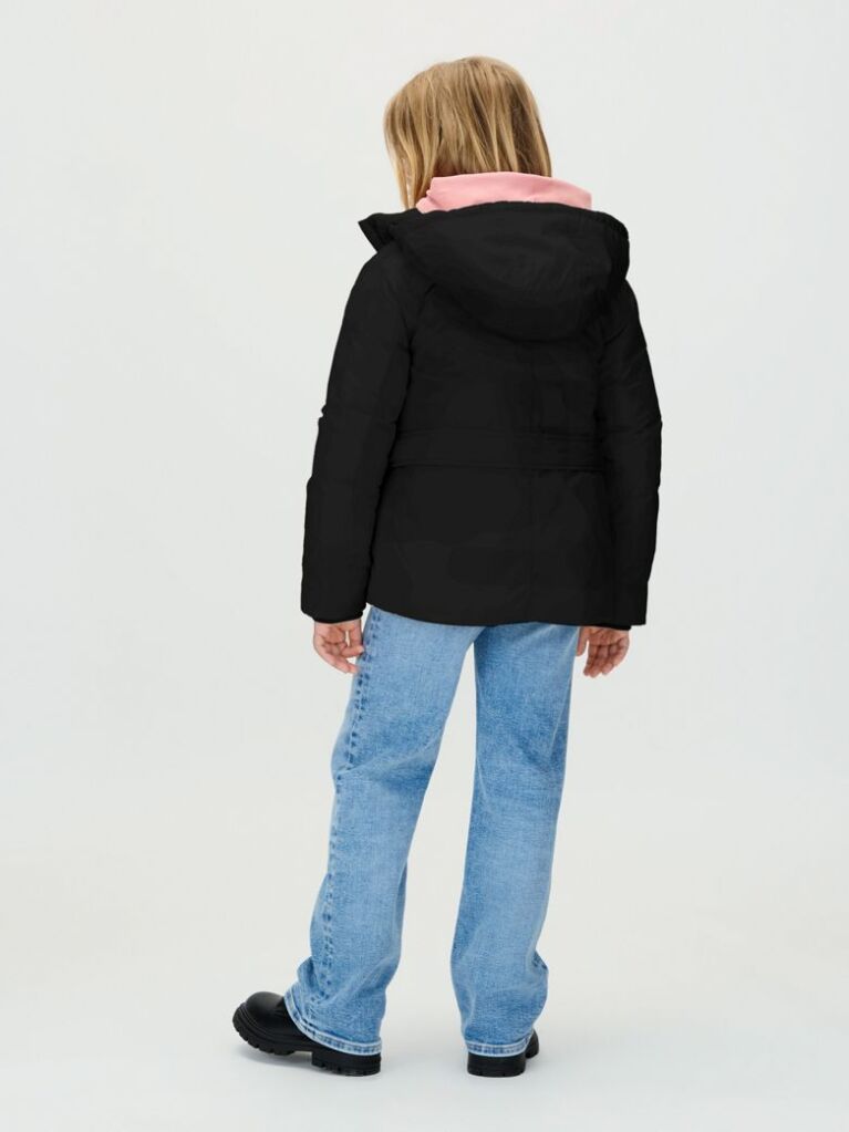 Black Structured Nylon Belted Jacket  Girls