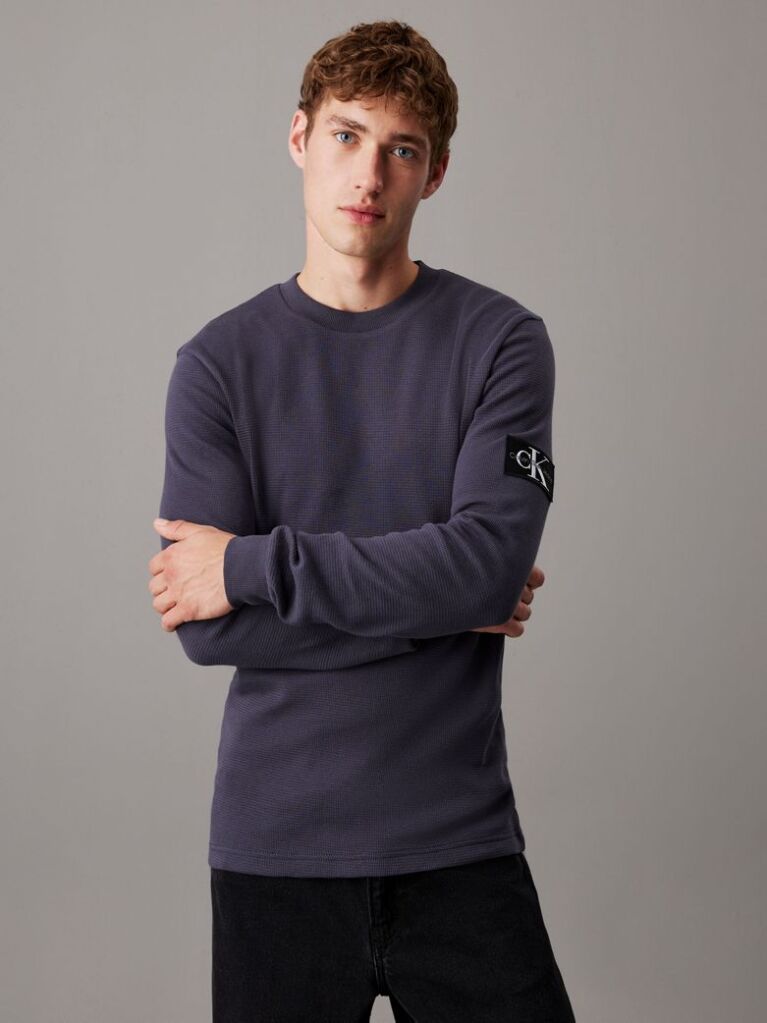 Black Slim Long Sleeve Waffle T-shirt  Men