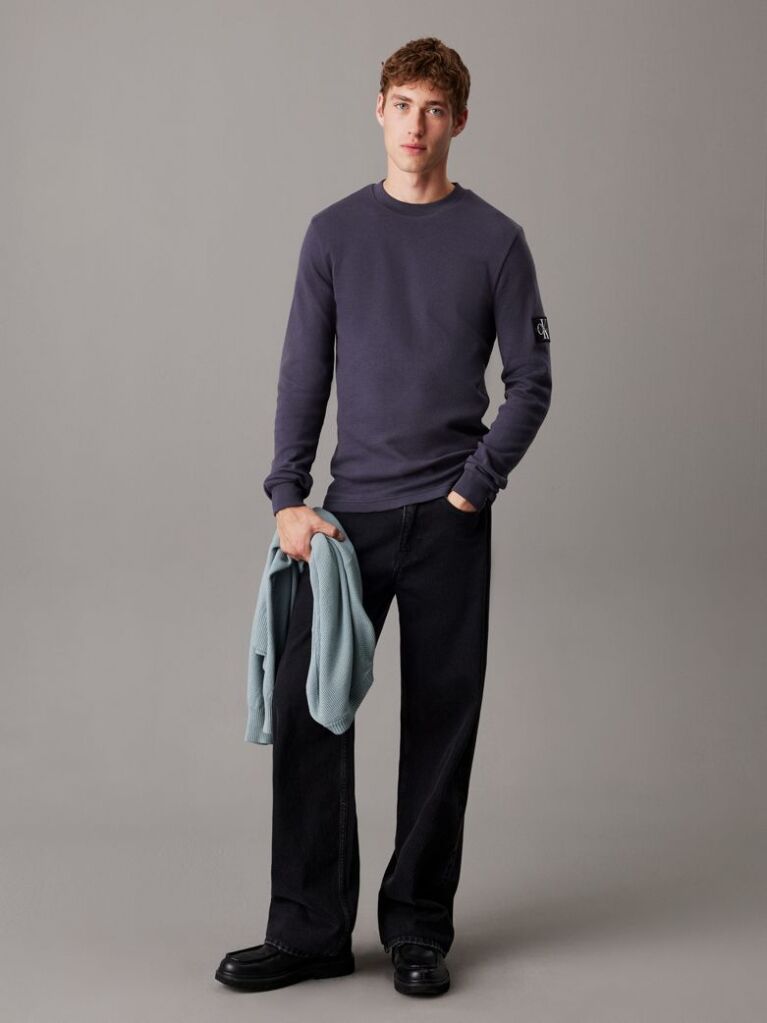 Black Slim Long Sleeve Waffle T-shirt  Men