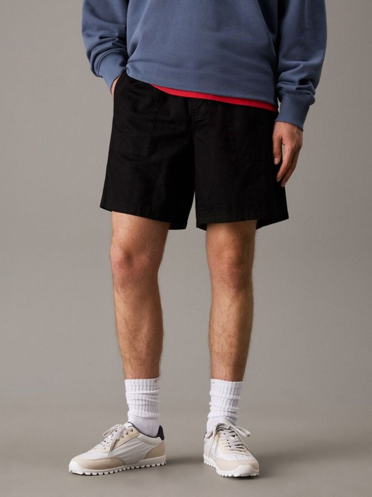 Black Cotton Linen Twill Shorts  Men