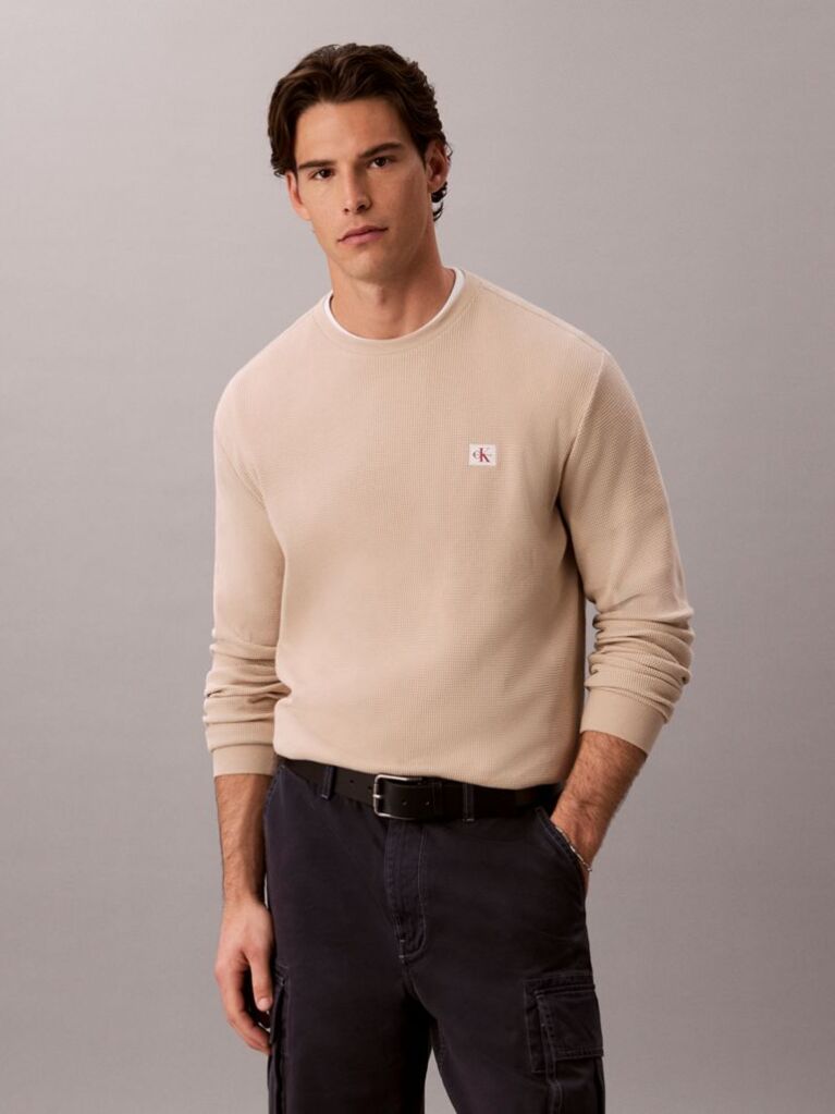 White Long Sleeve Waffle T-shirt  Men