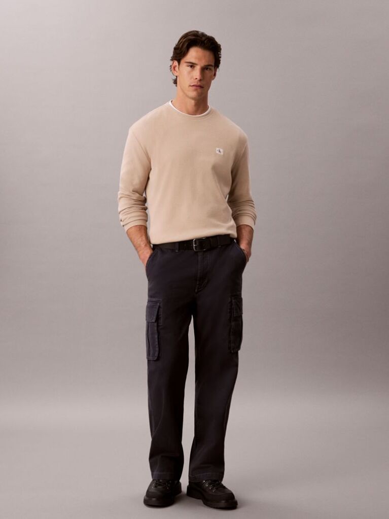 White Long Sleeve Waffle T-shirt  Men