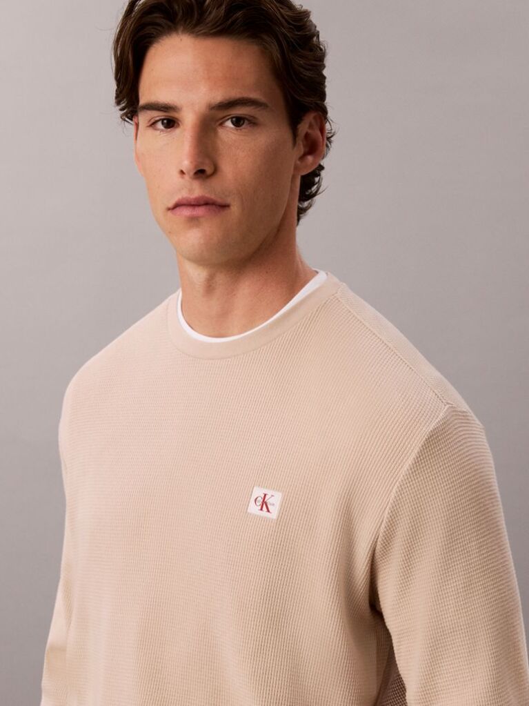 White Long Sleeve Waffle T-shirt  Men