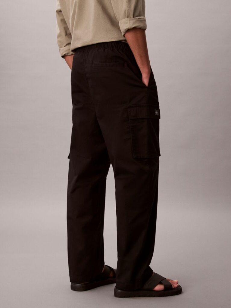 Black Cotton Stretch Straight Fit Cargo Trousers  Men