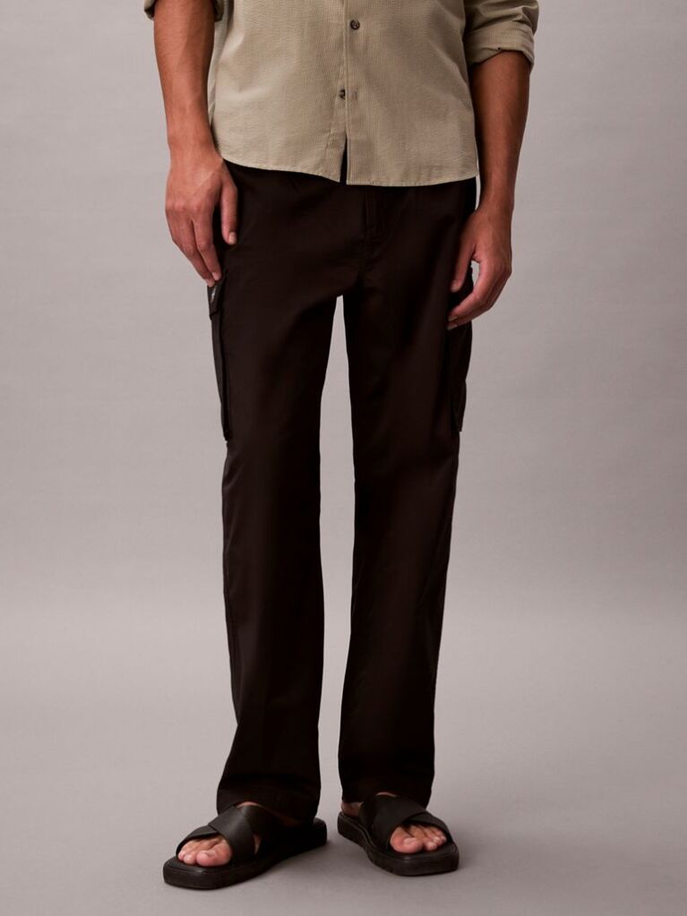 Black Cotton Stretch Straight Fit Cargo Trousers  Men