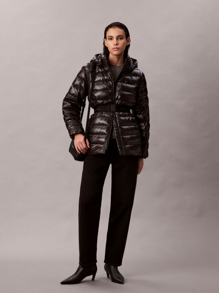 Black Lightweight Belted Puffer Jacket  Women