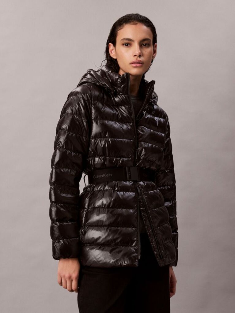 Black Lightweight Belted Puffer Jacket  Women