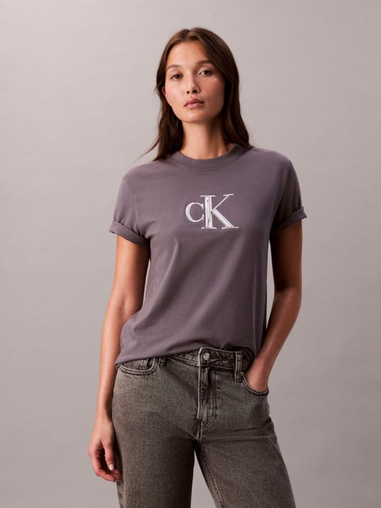 Grey Sequin Monogram Classic T-Shirt  Women