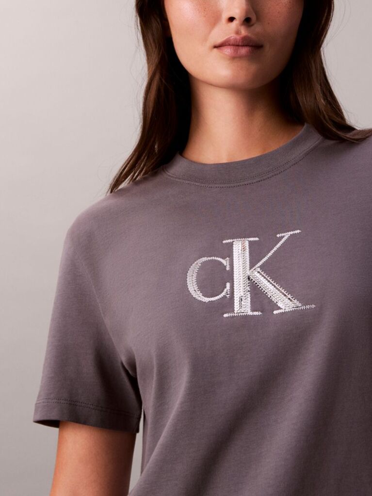 Grey Sequin Monogram Classic T-Shirt  Women